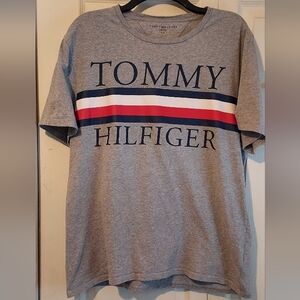 Tommy Hilfiger Logo Tee T Shirt Gray Spell Out Graphic Large Cotton Basic Preppy